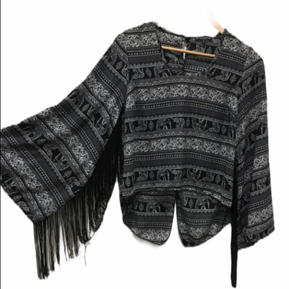SEE you Monday tribal elephant print bell sleeves fringe top - Picture 1 of 8
